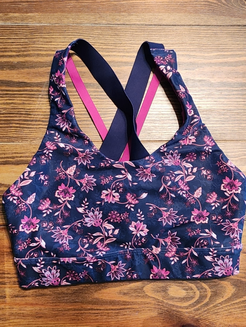 Old Navy Navy Floral Crisscross Sports Bra with Pink Accents